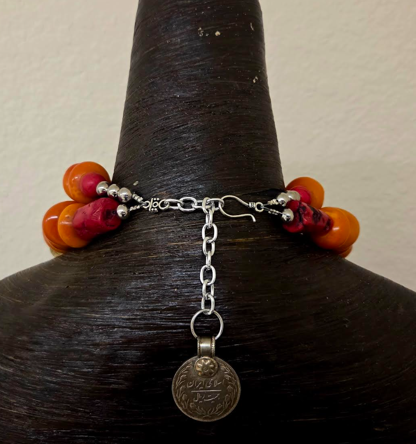 African Tibetan Oversized Batik Bone Tribal Statement Necklace with Teardrop Resin Pendants