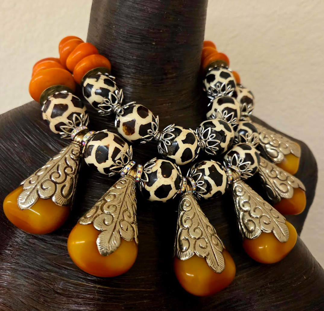 African Tibetan Oversized Batik Bone Tribal Statement Necklace with Teardrop Resin Pendants