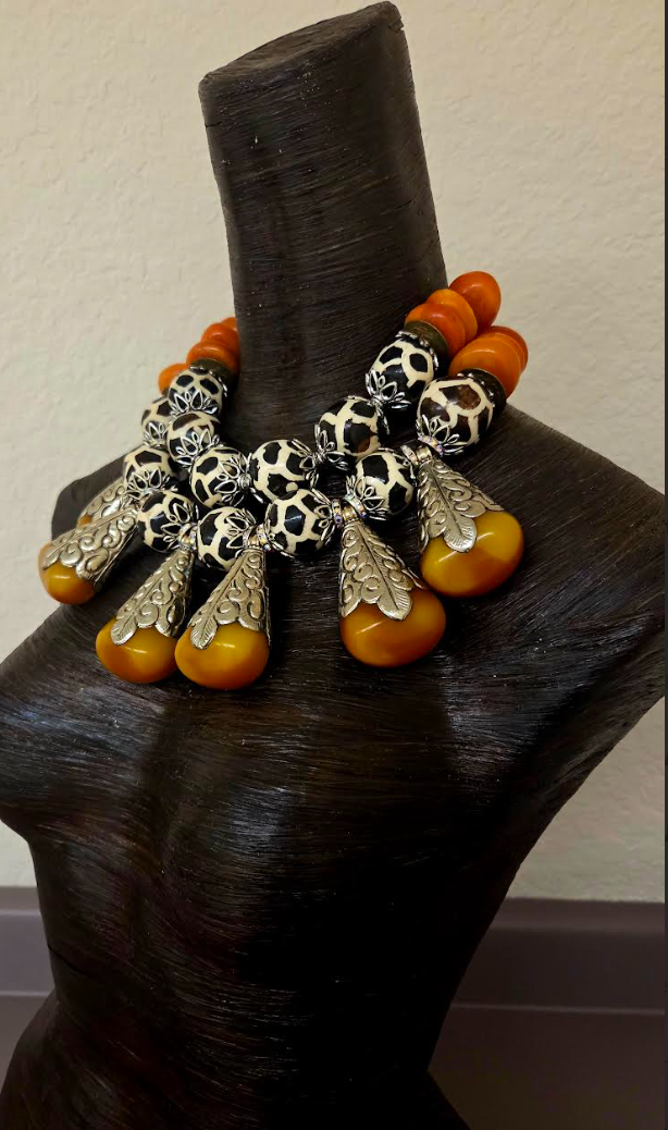 African Tibetan Oversized Batik Bone Tribal Statement Necklace with Teardrop Resin Pendants