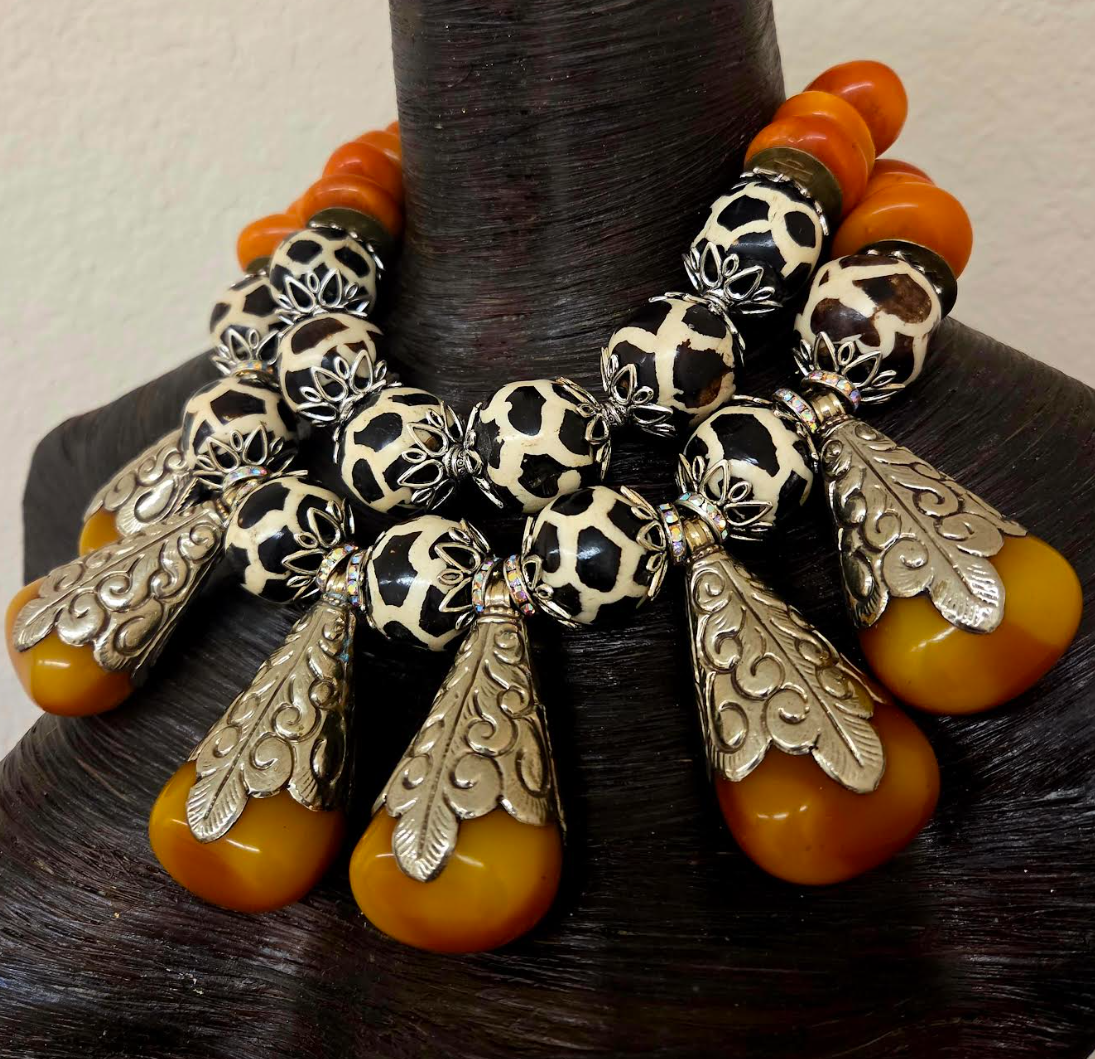 African Tibetan Oversized Batik Bone Tribal Statement Necklace with Teardrop Resin Pendants