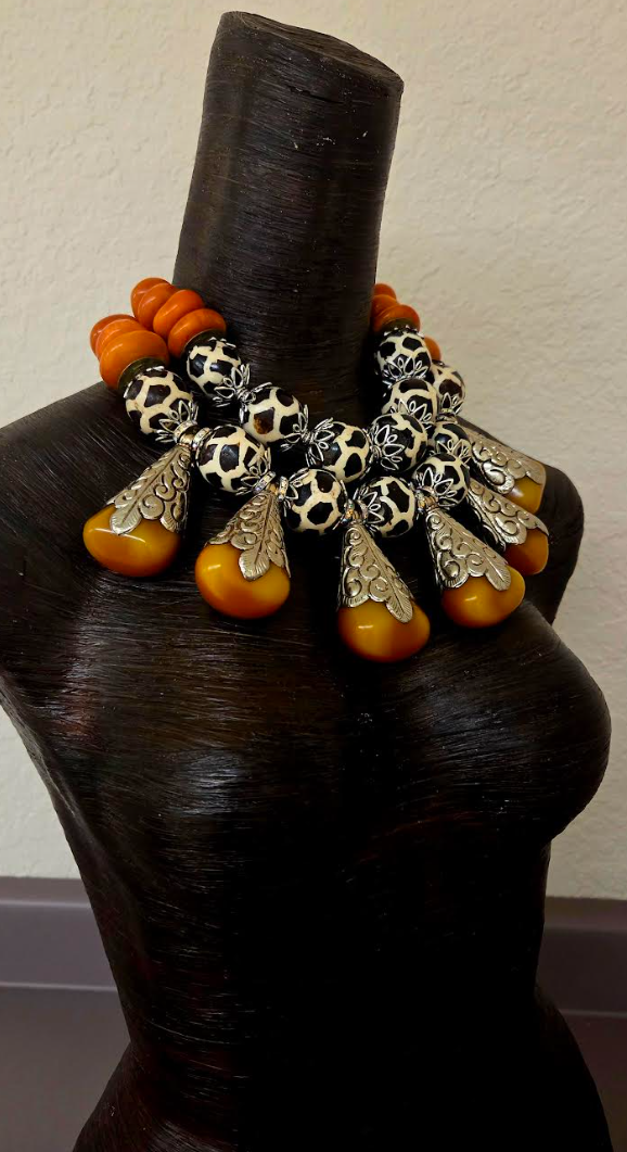 African Tibetan Oversized Batik Bone Tribal Statement Necklace with Teardrop Resin Pendants