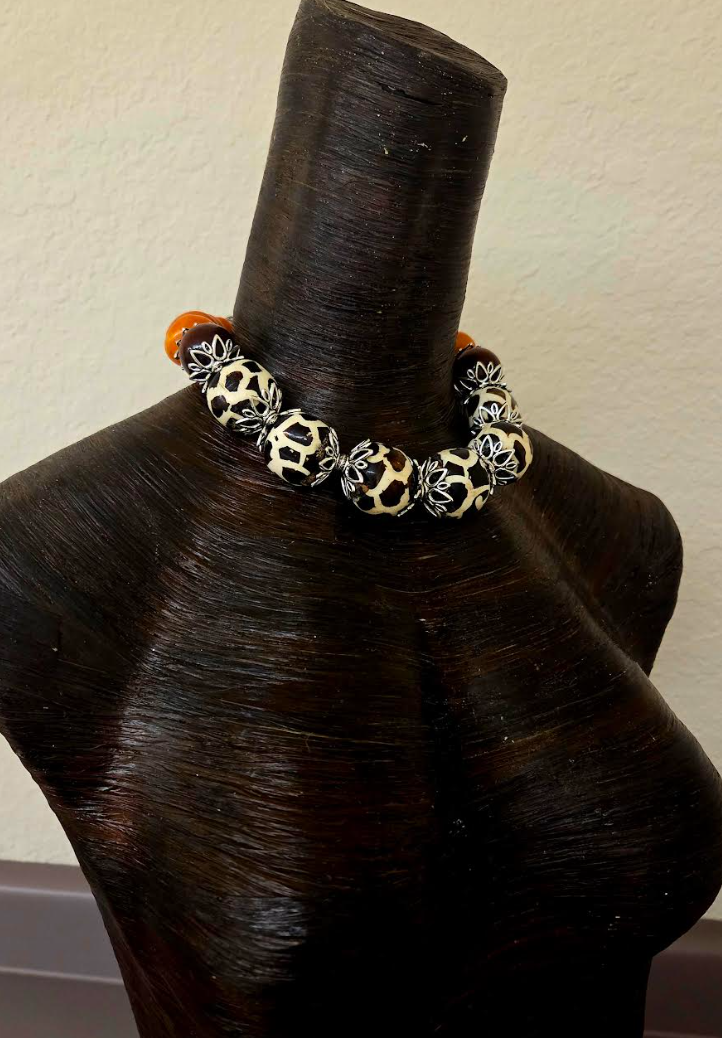 Giraffe Animal Print Tribal Bead Layering Choker - Bold Chunky Drama