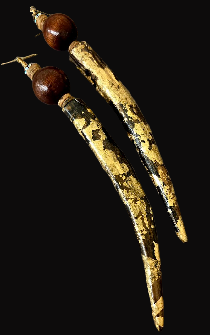 Animal Print Antler Shoulder Duster Pierced Earrings - Gold Leaf Foil