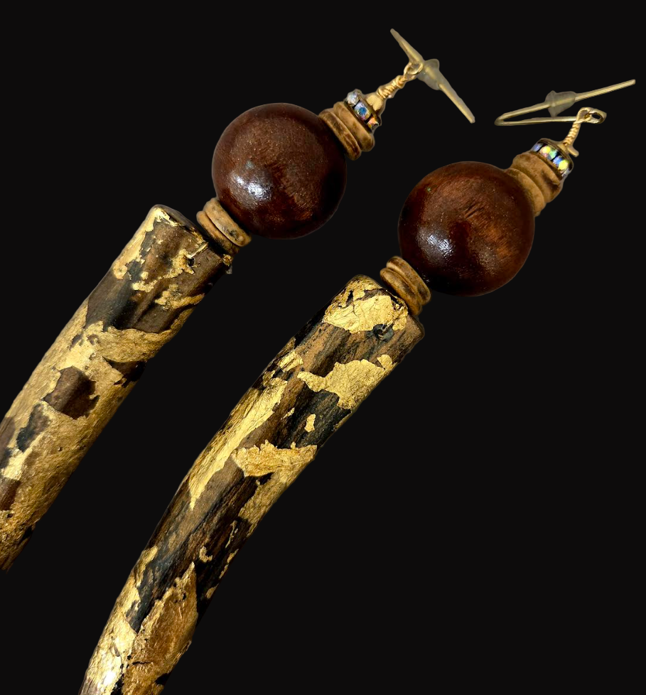 Animal Print Antler Shoulder Duster Pierced Earrings - Gold Leaf Foil