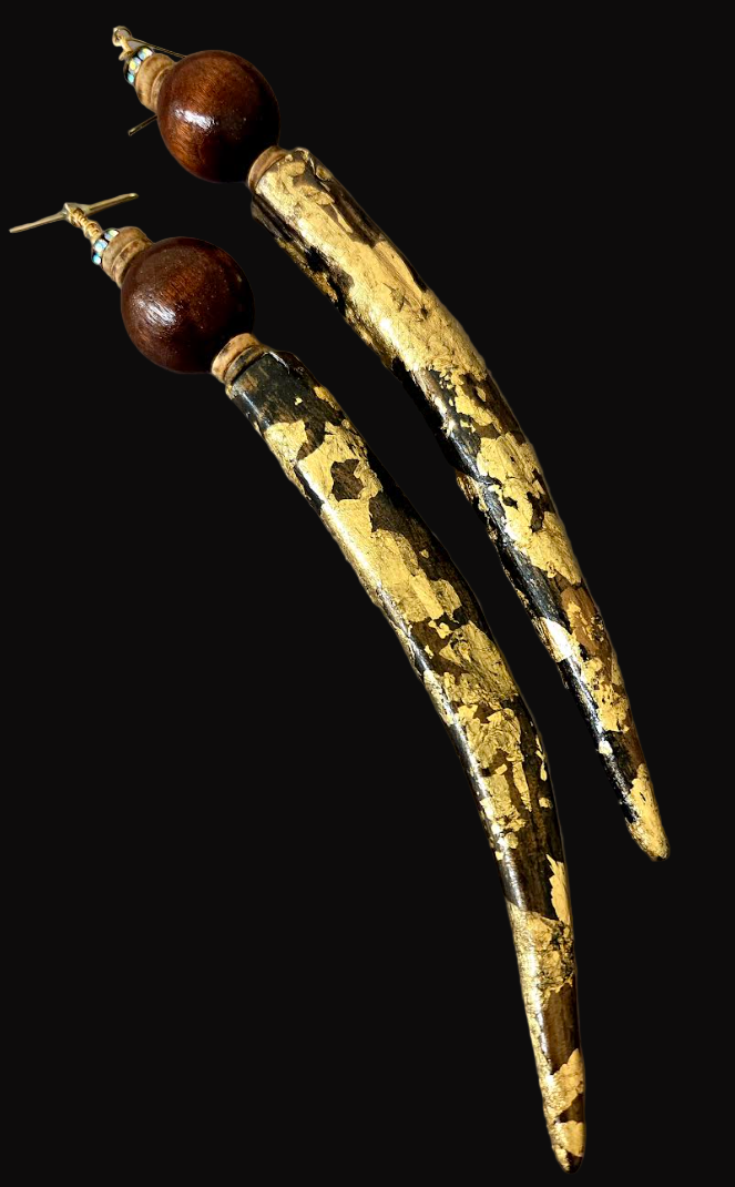 Animal Print Antler Shoulder Duster Pierced Earrings - Gold Leaf Foil