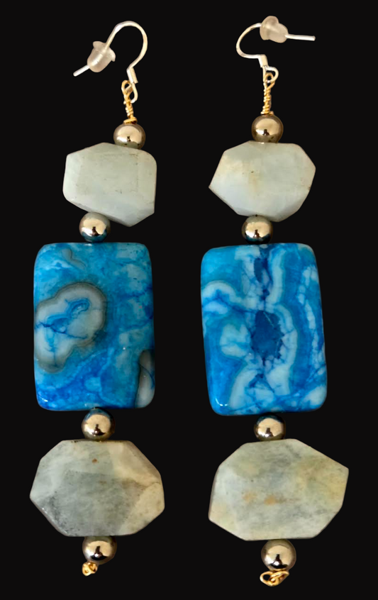 Blue Crazy Lace & Faceted Amazonite Gemstone Dangle Pierced Earrings