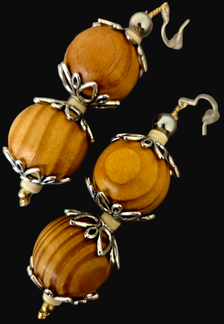 Oversized Blonde Wood Beaded Dangle Pierced Earrings - Earth Tone