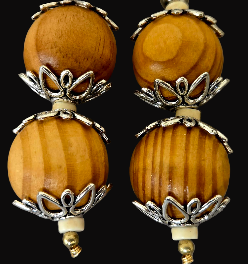 Oversized Blonde Wood Beaded Dangle Pierced Earrings - Earth Tone