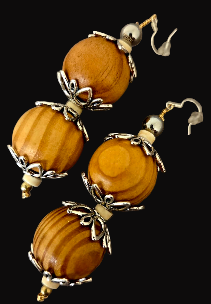 Oversized Blonde Wood Beaded Dangle Pierced Earrings - Earth Tone