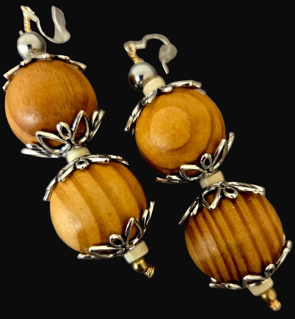 Oversized Blonde Wood Beaded Dangle Pierced Earrings - Earth Tone