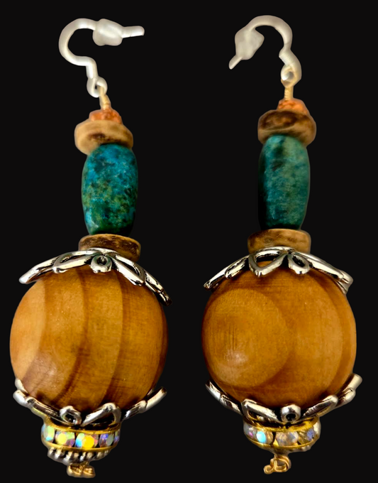 Wood, Turquoise & Rhinestone Beaded Dangle Pierced Earrings - OOAK Art