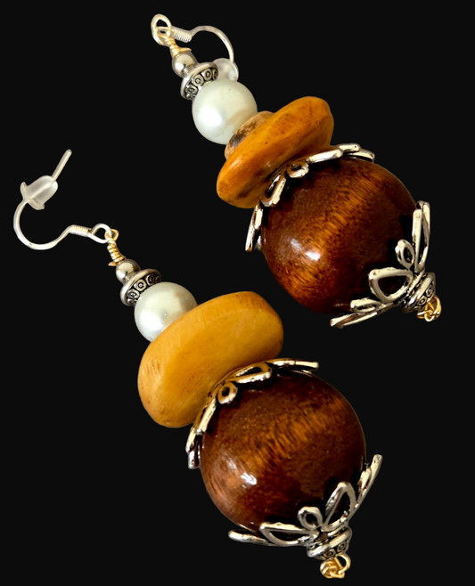 Wood Bone & Faux Pearl Beaded Pierced Earrings - Bold and Chunky