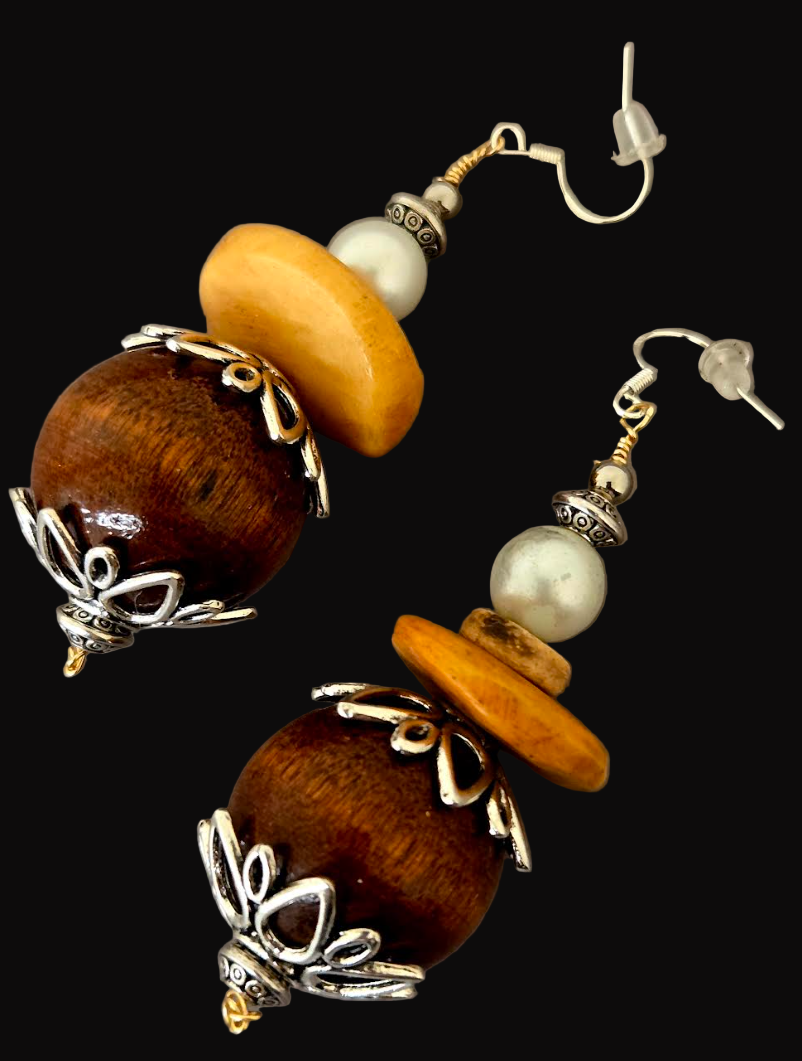 Wood Bone & Faux Pearl Beaded Pierced Earrings - Bold and Chunky