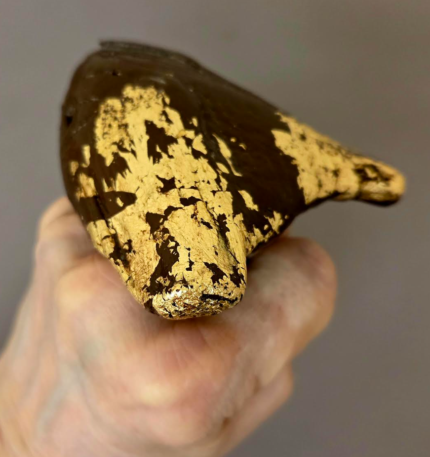 Adjustable Glossy Brown Driftwood Statement Ring with Gold Leaf -  Unisex