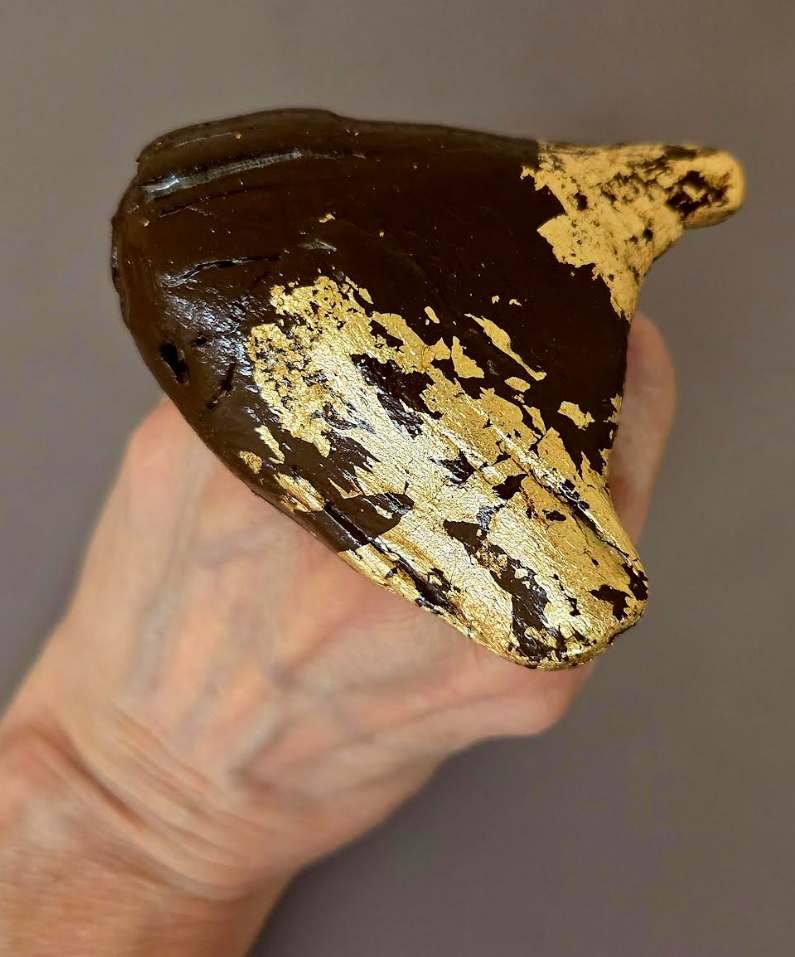 Adjustable Glossy Brown Driftwood Statement Ring with Gold Leaf -  Unisex