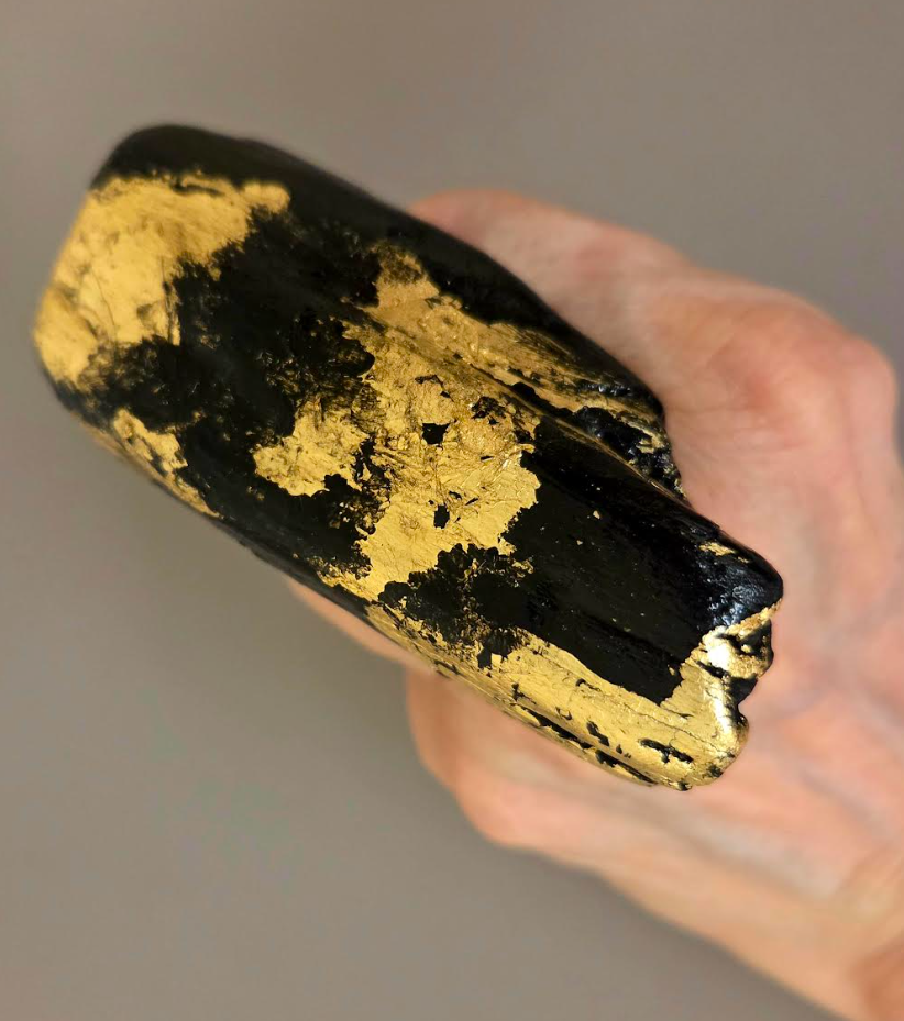 Oversized Black Driftwood & Gold Leaf Androgynous Adjustable Ring - OOAK Art