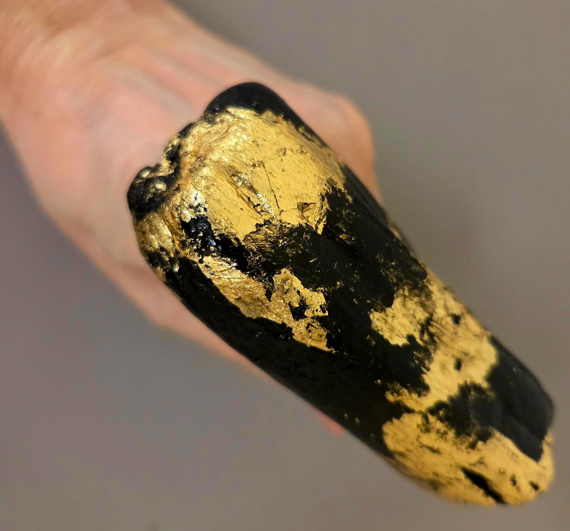 Oversized Black Driftwood & Gold Leaf Androgynous Adjustable Ring - OOAK Art
