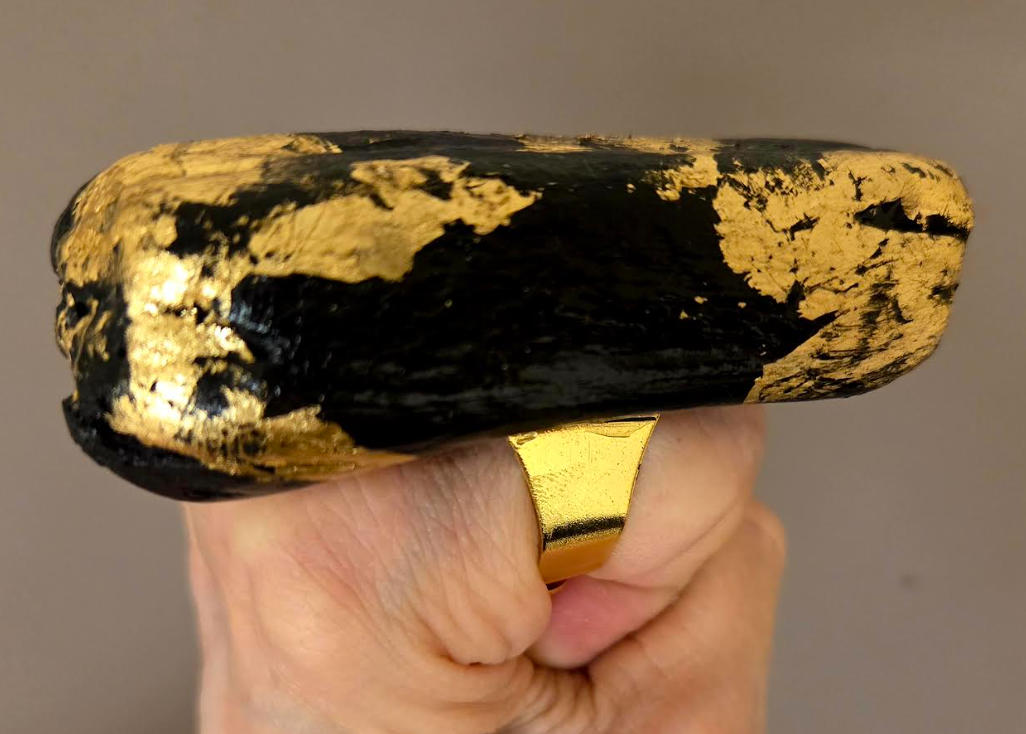 Oversized Black Driftwood & Gold Leaf Androgynous Adjustable Ring - OOAK Art
