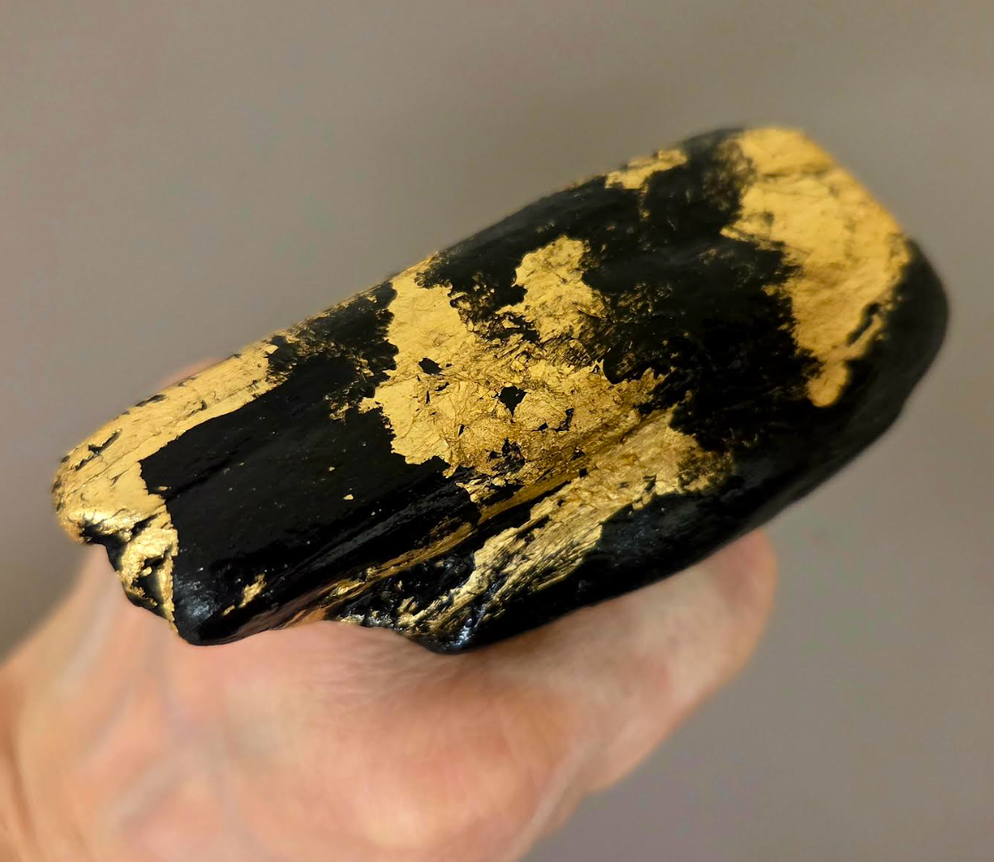 Oversized Black Driftwood & Gold Leaf Androgynous Adjustable Ring - OOAK Art