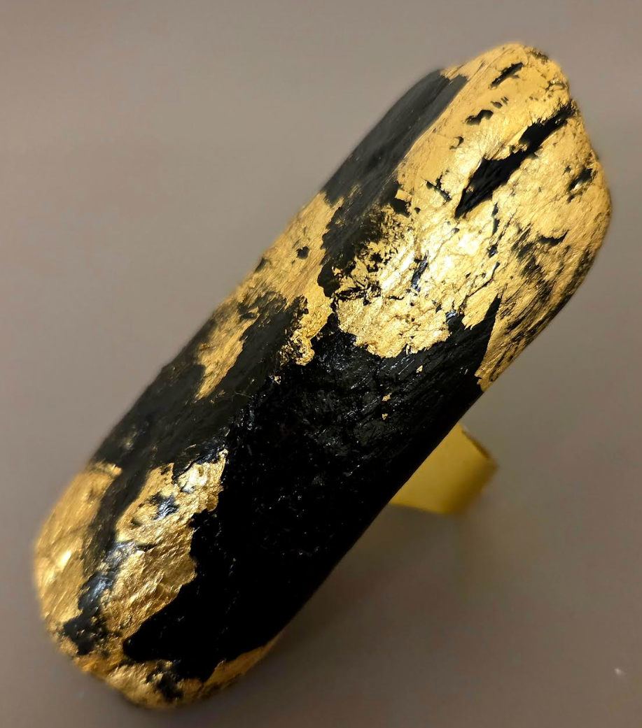 Oversized Black Driftwood & Gold Leaf Androgynous Adjustable Ring - OOAK Art
