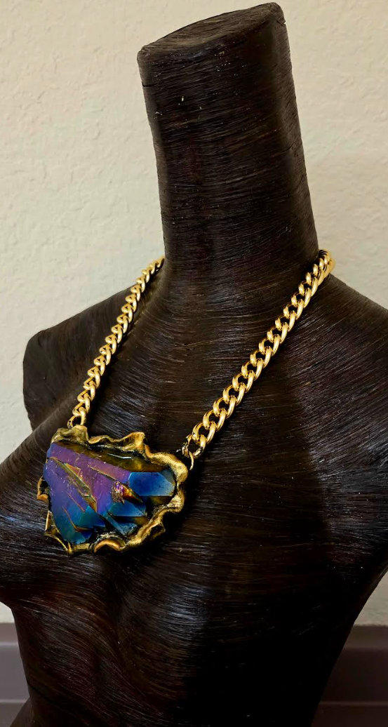 Sculpted Rainbow Quartz Pendant for Men or Women - Flashy OOAK Art