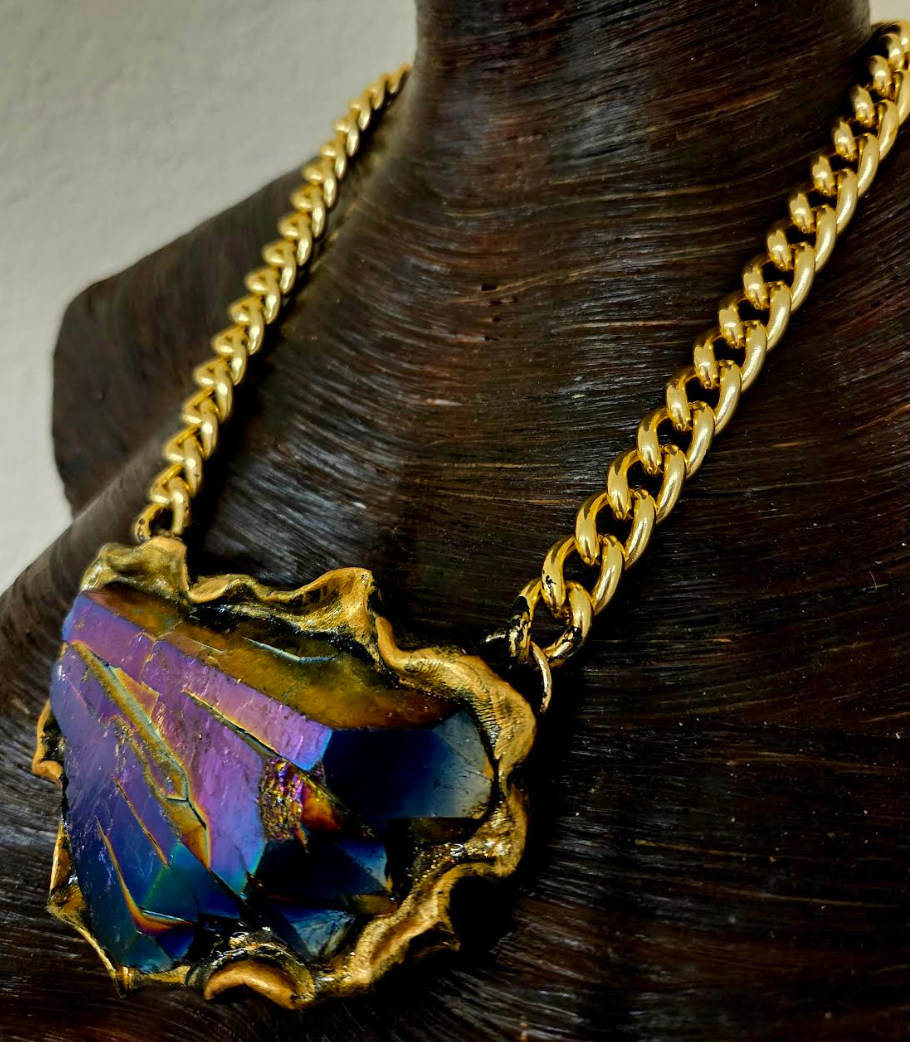 Sculpted Rainbow Quartz Pendant for Men or Women - Flashy OOAK Art