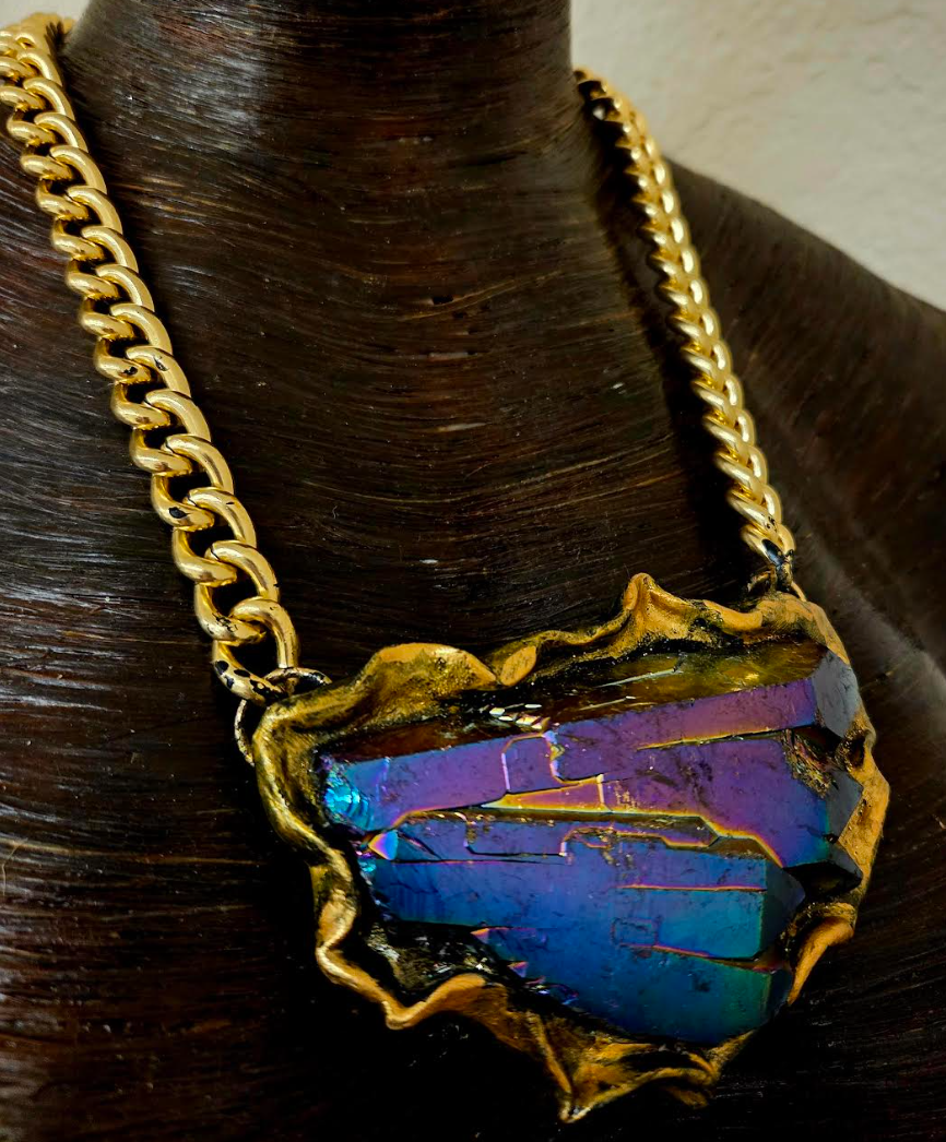 Sculpted Rainbow Quartz Pendant for Men or Women - Flashy OOAK Art