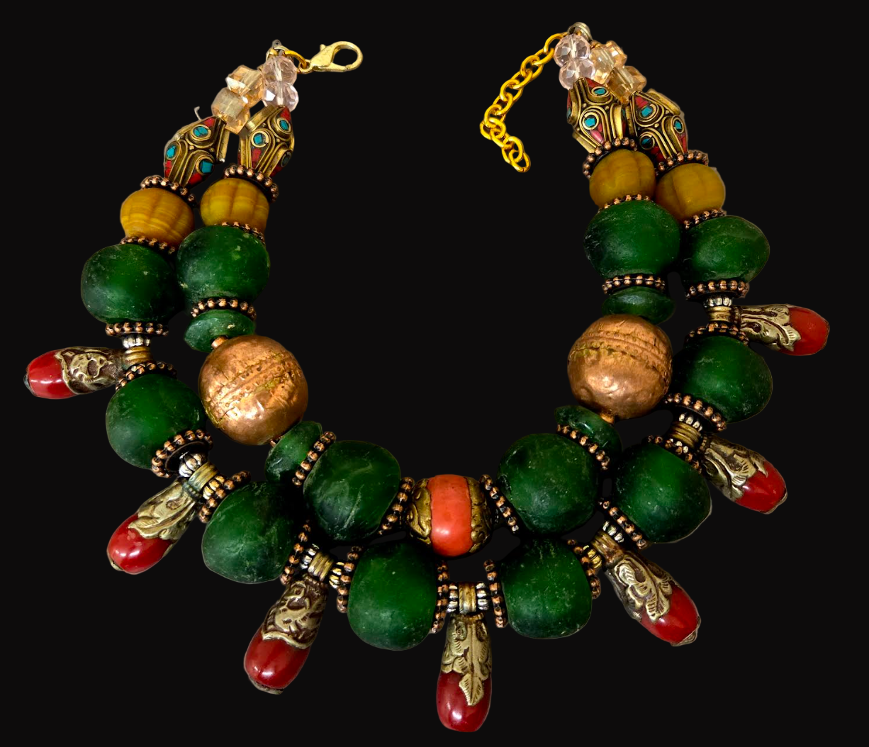 Red Green & Copper Tribal Bead Multi Strand High End Necklace - Africa