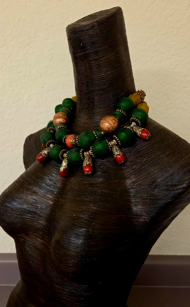 Red Green & Copper Tribal Bead Multi Strand High End Necklace - Africa