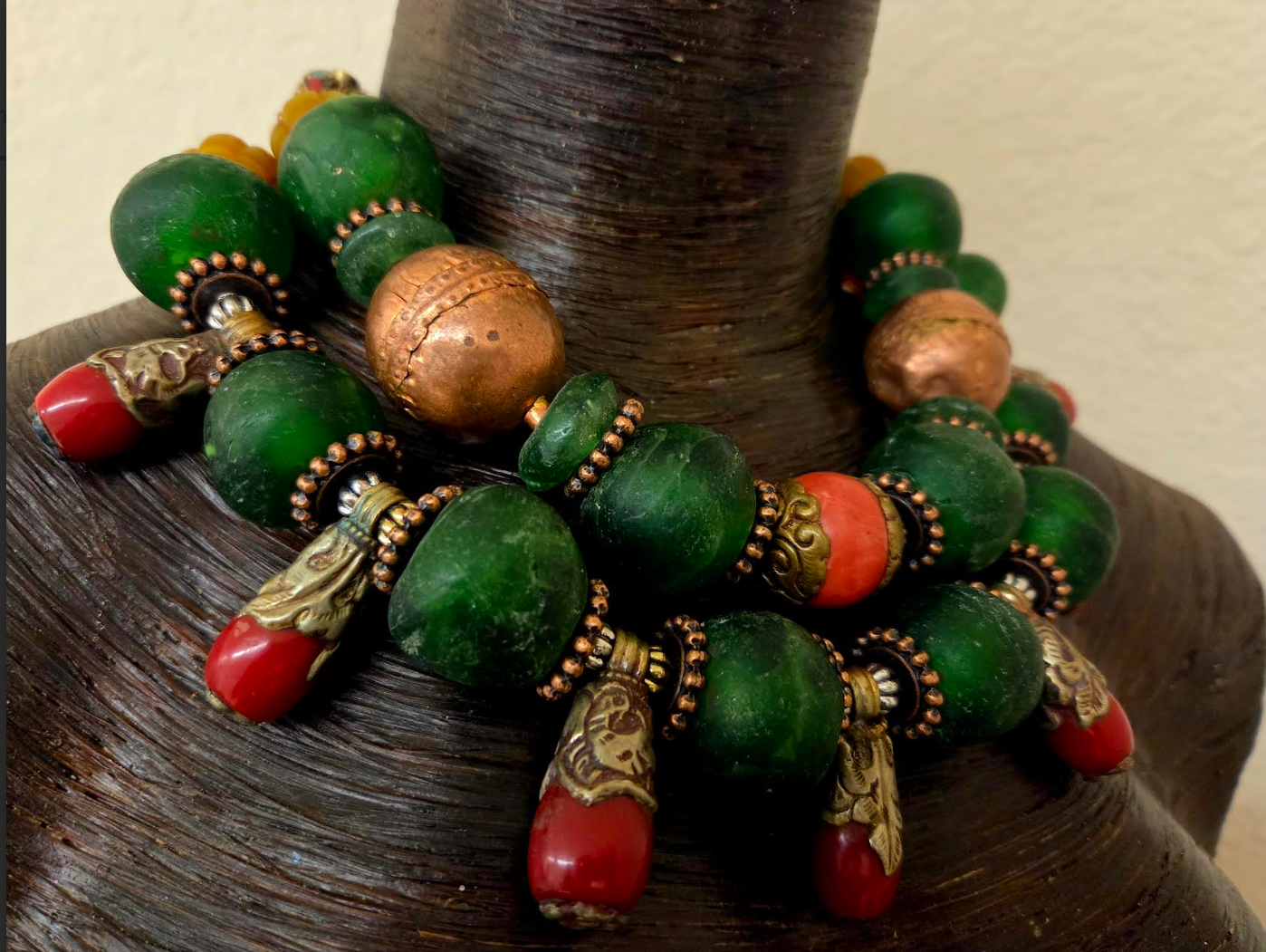 Red Green & Copper Tribal Bead Multi Strand High End Necklace - Africa
