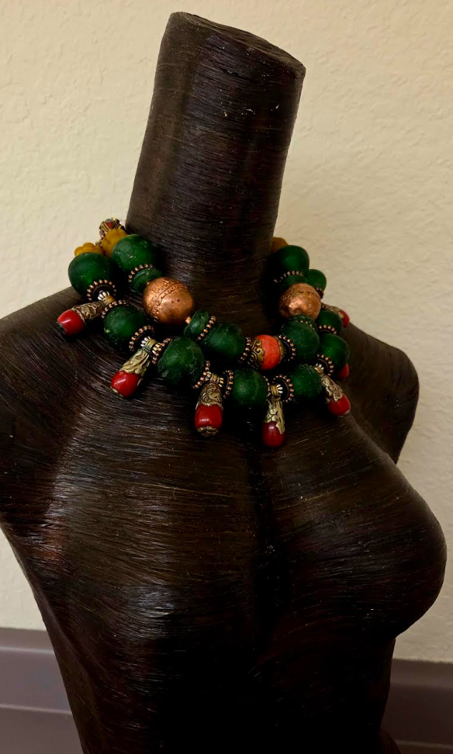 Red Green & Copper Tribal Bead Multi Strand High End Necklace - Africa