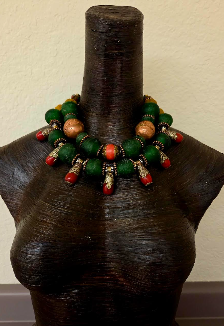 Red Green & Copper Tribal Bead Multi Strand High End Necklace - Africa