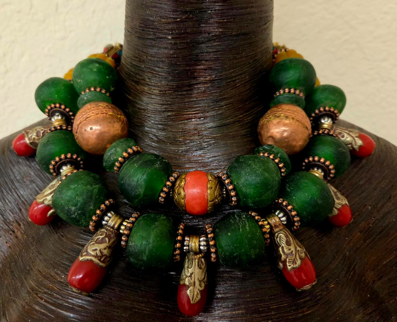 Red Green & Copper Tribal Bead Multi Strand High End Necklace - Africa