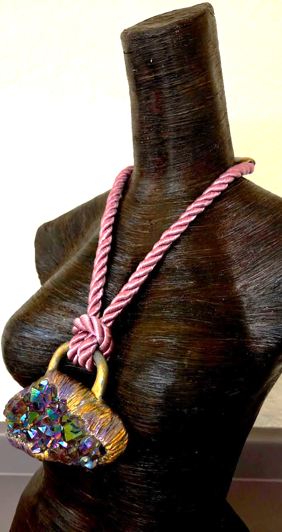 Sculpted Titanium Quartz Amulet on a Dusty Rose Satin Cord - Luxury Boho