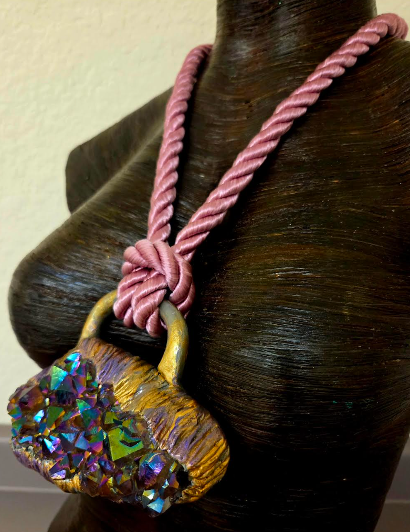 Sculpted Titanium Quartz Amulet on a Dusty Rose Satin Cord - Luxury Boho