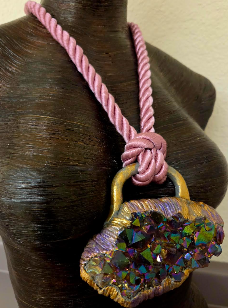 Sculpted Titanium Quartz Amulet on a Dusty Rose Satin Cord - Luxury Boho
