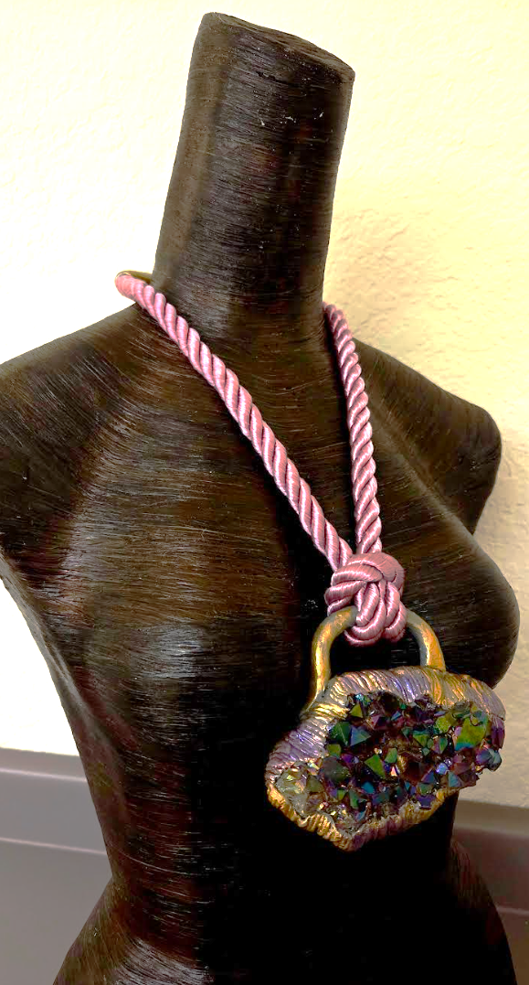 Sculpted Titanium Quartz Amulet on a Dusty Rose Satin Cord - Luxury Boho