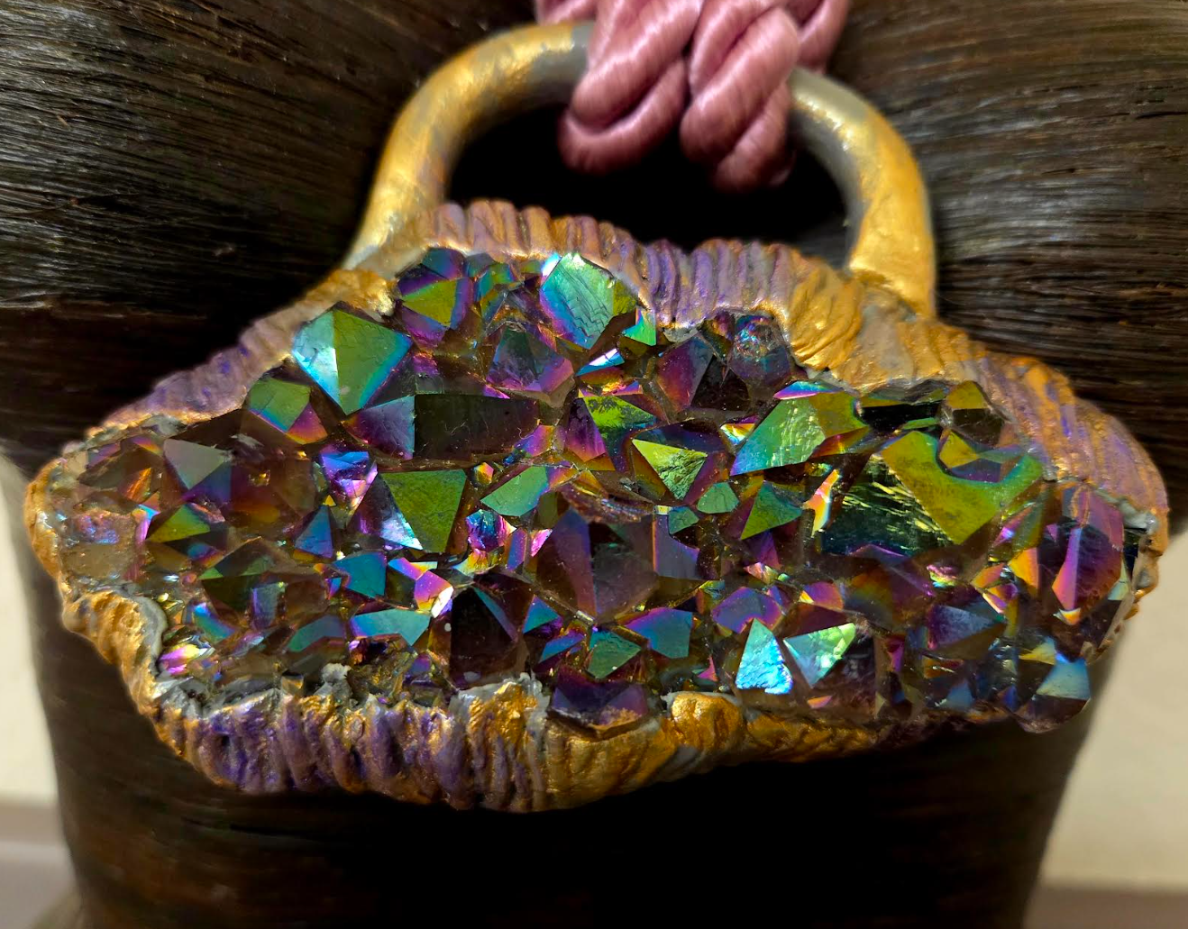 Sculpted Titanium Quartz Amulet on a Dusty Rose Satin Cord - Luxury Boho