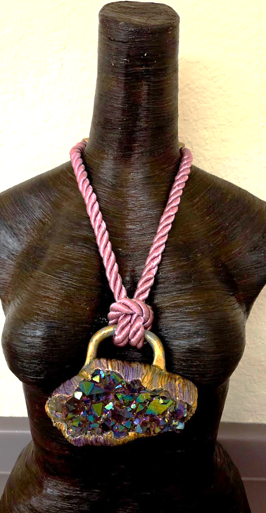 Sculpted Titanium Quartz Amulet on a Dusty Rose Satin Cord - Luxury Boho