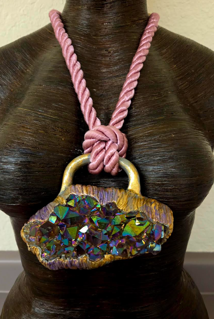 Sculpted Titanium Quartz Amulet on a Dusty Rose Satin Cord - Luxury Boho