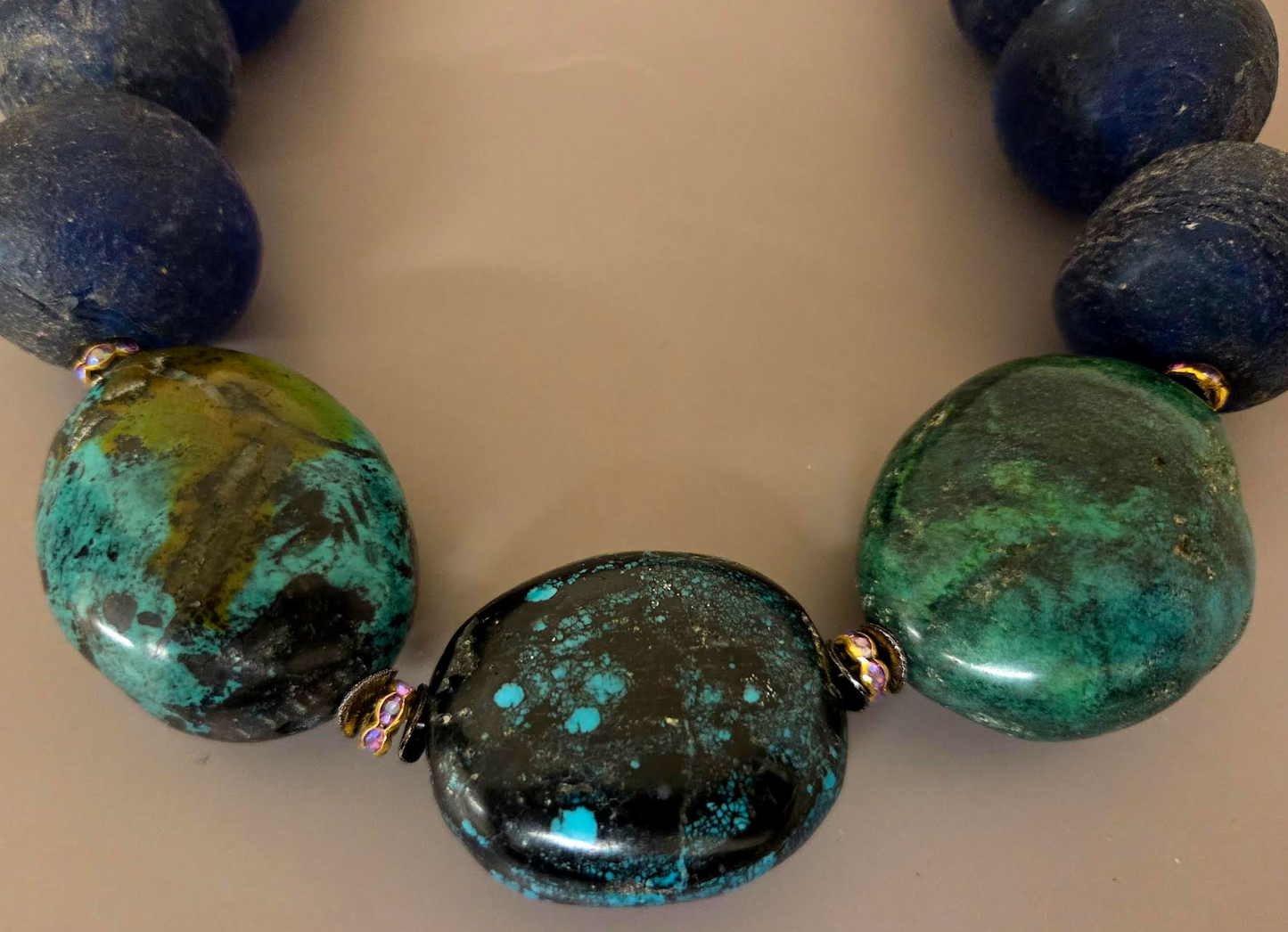 Huge Hubei Turquoise Boulder & African Recycled Blue Glass Beaded Choker - OOAK Haute Couture Luxury Statement Necklace - Iris Apfel