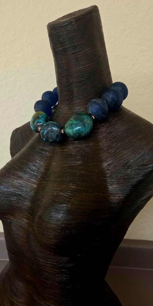 Huge Hubei Turquoise Boulder & African Recycled Blue Glass Beaded Choker - OOAK Haute Couture Luxury Statement Necklace - Iris Apfel