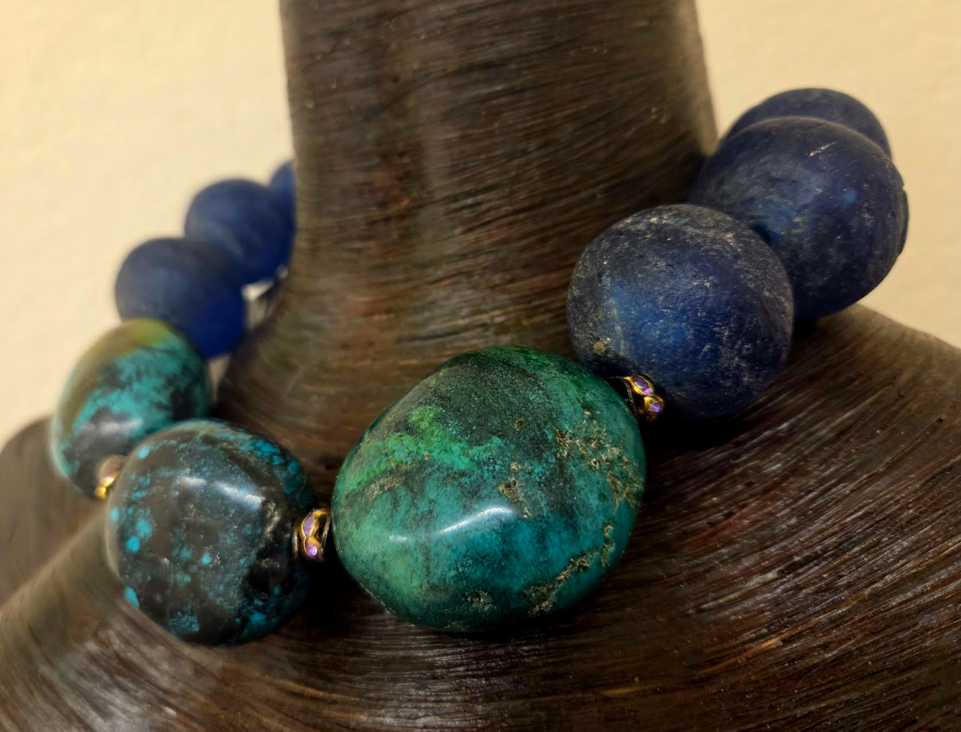 Huge Hubei Turquoise Boulder & African Recycled Blue Glass Beaded Choker - OOAK Haute Couture Luxury Statement Necklace - Iris Apfel