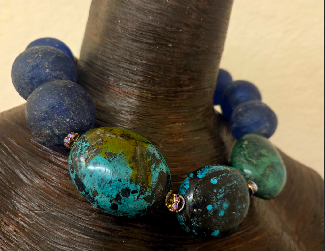 Huge Hubei Turquoise Boulder & African Recycled Blue Glass Beaded Choker - OOAK Haute Couture Luxury Statement Necklace - Iris Apfel