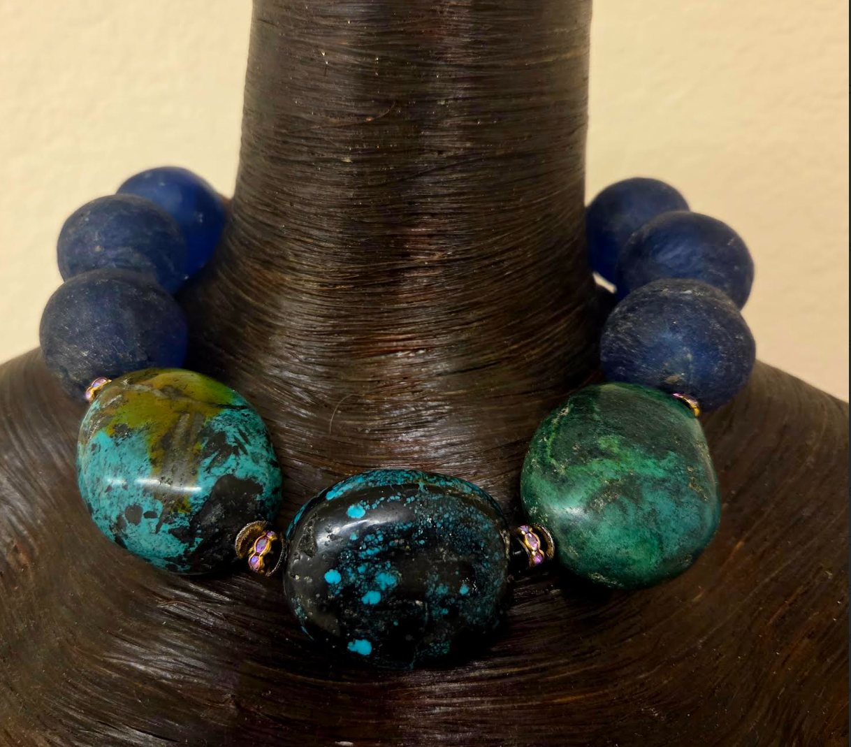 Huge Hubei Turquoise Boulder & African Recycled Blue Glass Beaded Choker - OOAK Haute Couture Luxury Statement Necklace - Iris Apfel