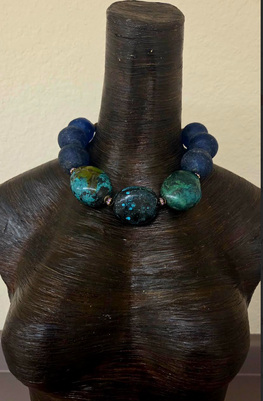 Huge Hubei Turquoise Boulder & African Recycled Blue Glass Beaded Choker - OOAK Haute Couture Luxury Statement Necklace - Iris Apfel