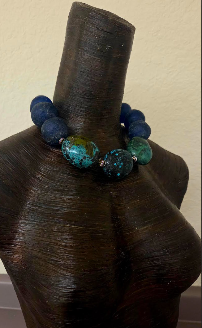 Huge Hubei Turquoise Boulder & African Recycled Blue Glass Beaded Choker - OOAK Haute Couture Luxury Statement Necklace - Iris Apfel