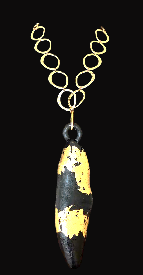 Blackened Driftwood and Gold Leaf Foil Statement Pendant - Androgynous