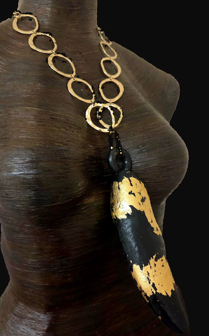 Blackened Driftwood and Gold Leaf Foil Statement Pendant - Androgynous