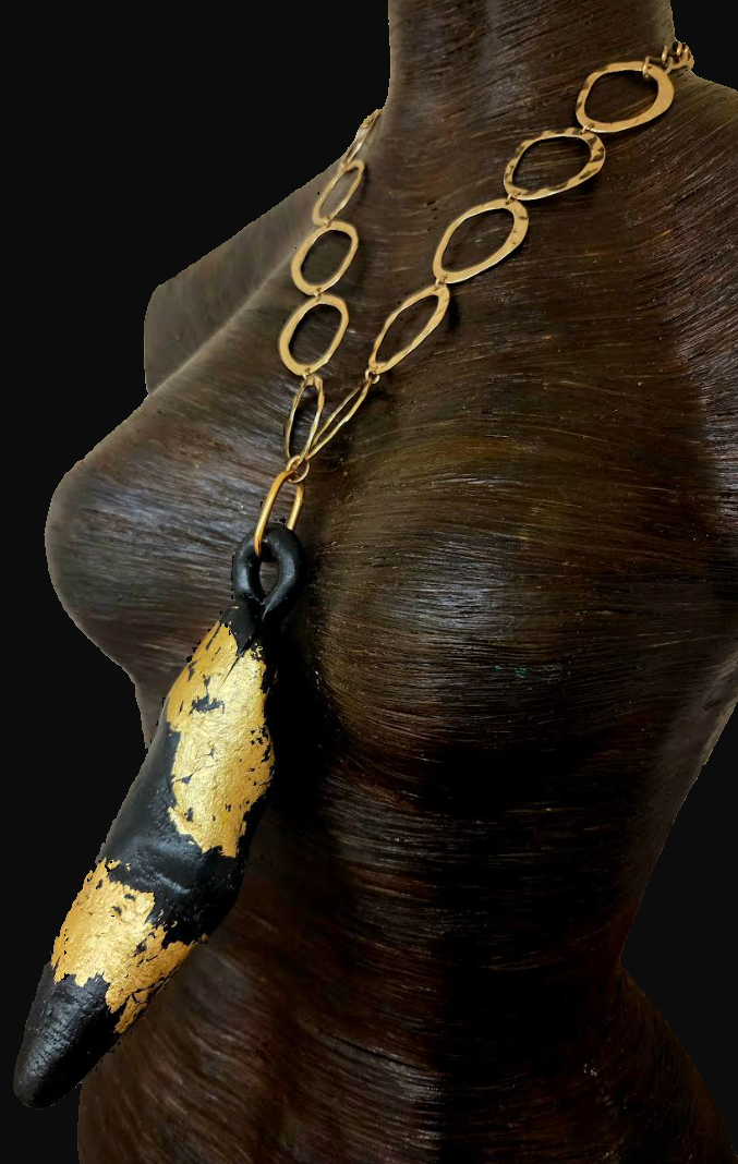 Blackened Driftwood and Gold Leaf Foil Statement Pendant - Androgynous
